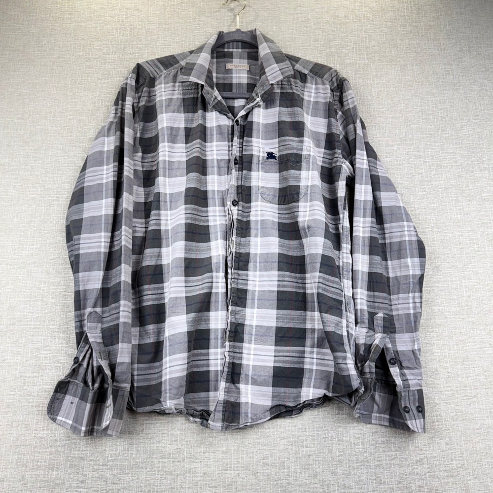 Burberry Brit Mens XL Grey Plaid Long Sleeve Button Down Shirt Embroidered Logo